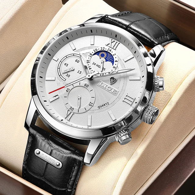 LIGE Watches UnisexTop Brand Luxury Clock Casual Leathe 24Hour Moon Phase Watch Sports Waterproof Quartz Chronograph+Box