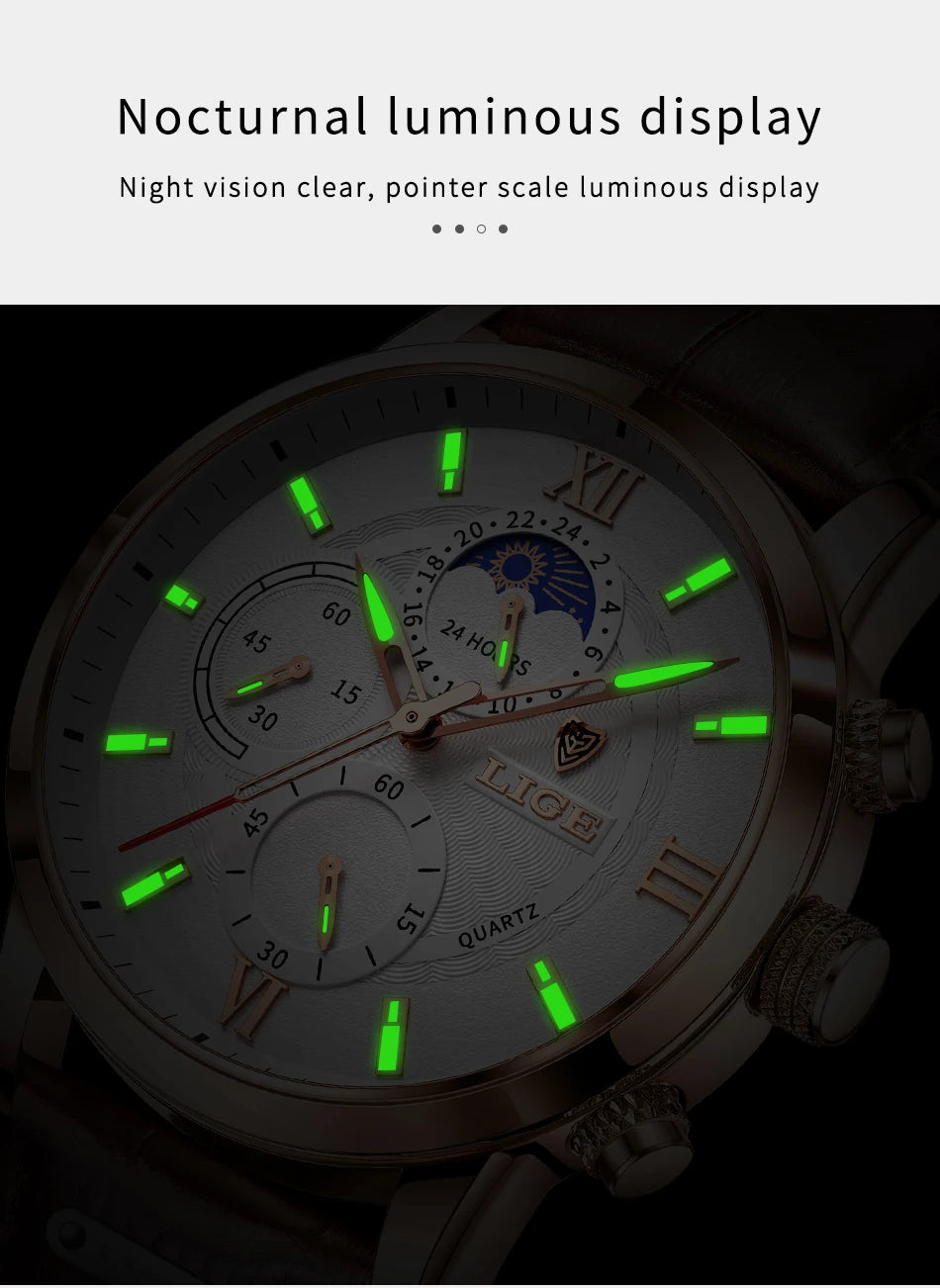LIGE Watches UnisexTop Brand Luxury Clock Casual Leathe 24Hour Moon Phase Watch Sports Waterproof Quartz Chronograph+Box