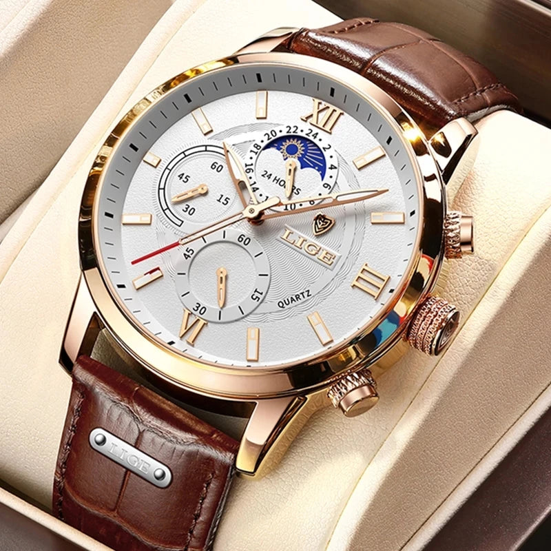 LIGE Watches UnisexTop Brand Luxury Clock Casual Leathe 24Hour Moon Phase Watch Sports Waterproof Quartz Chronograph+Box