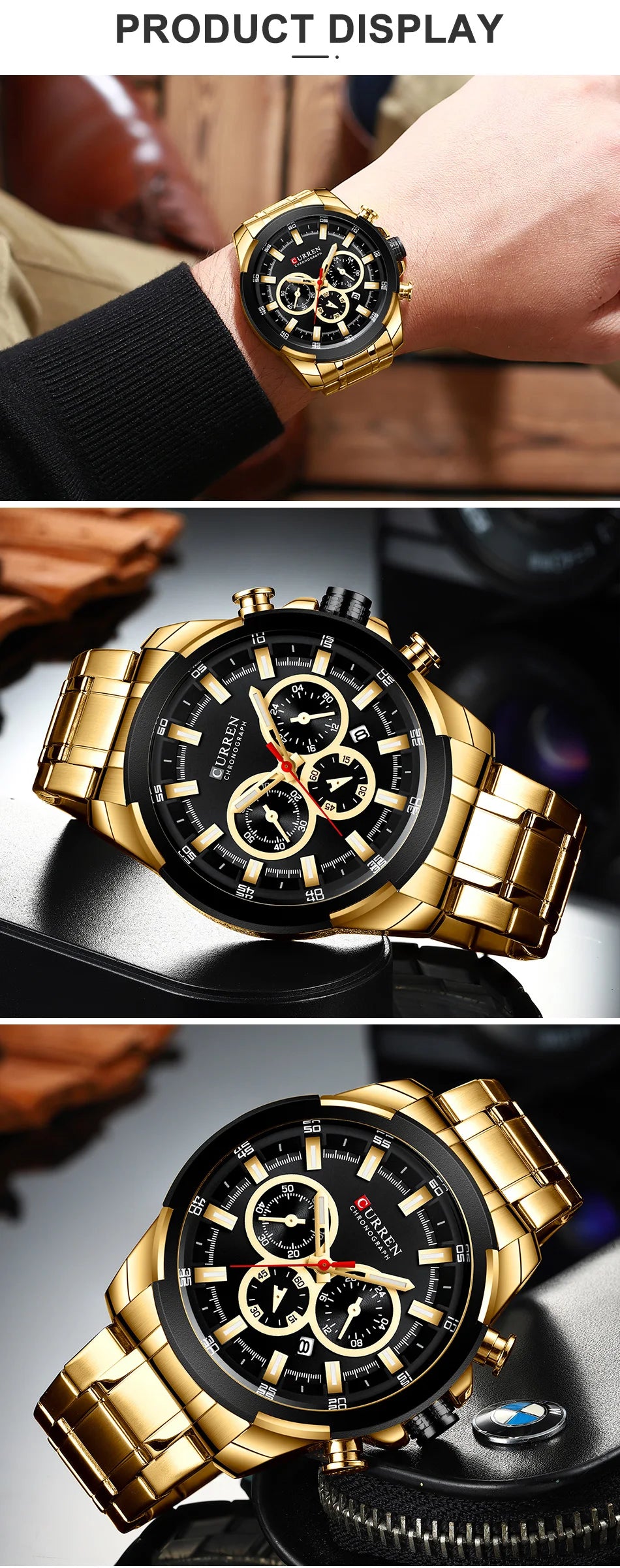 CURREN Men’s Watches Top Brand Big Sport Watch Luxury Men Military Steel Quartz Wrist Watches Chronograph Gold Design Male Clock