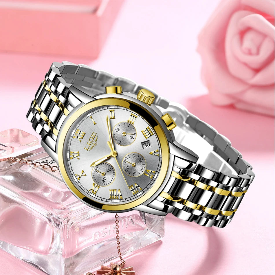 LIGE Women's Watches Ladies Quartz Watch Waterproof Stainless Steel Strap Chronograph Watch for Women Fashion Watch Bracelet Set