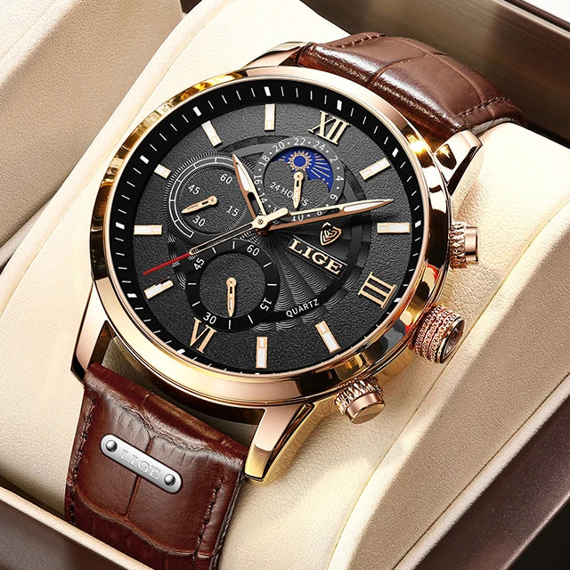 LIGE Watches UnisexTop Brand Luxury Clock Casual Leathe 24Hour Moon Phase Watch Sports Waterproof Quartz Chronograph+Box