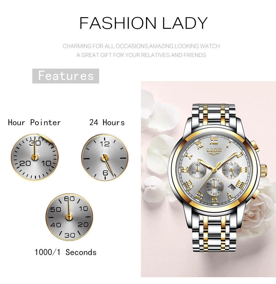 LIGE Women's Watches Ladies Quartz Watch Waterproof Stainless Steel Strap Chronograph Watch for Women Fashion Watch Bracelet Set