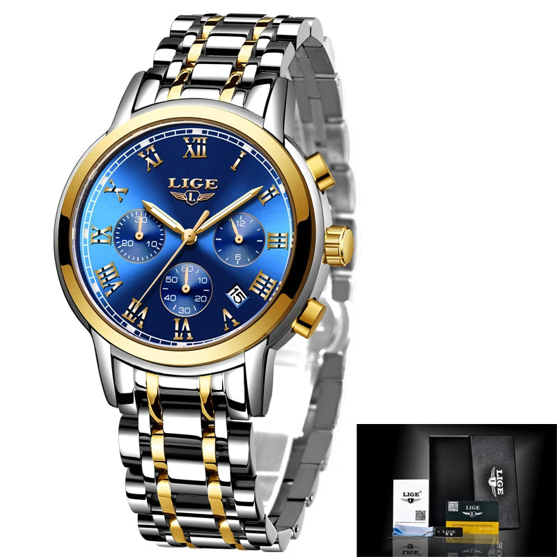 LIGE Women's Watches Ladies Quartz Watch Waterproof Stainless Steel Strap Chronograph Watch for Women Fashion Watch Bracelet Set