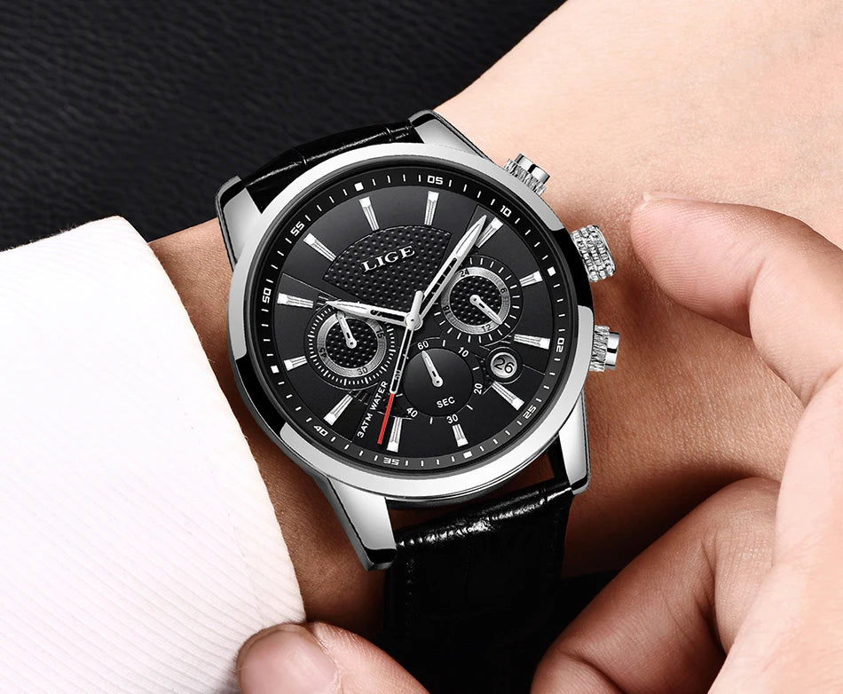 LIGE Watch Men Fashion Sports Quartz Clocks Mens Watches Top Brand Leather Military Waterproof Date Watch Relogio Masculino