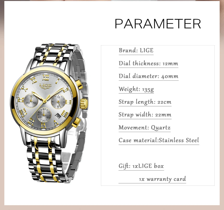 LIGE Women's Watches Ladies Quartz Watch Waterproof Stainless Steel Strap Chronograph Watch for Women Fashion Watch Bracelet Set