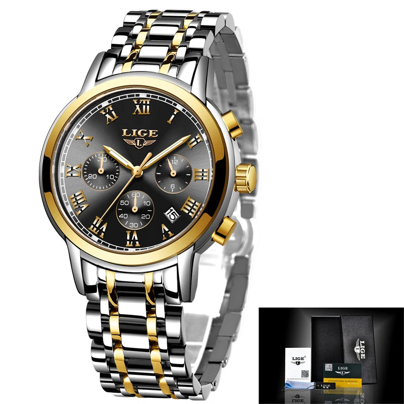 LIGE Women's Watches Ladies Quartz Watch Waterproof Stainless Steel Strap Chronograph Watch for Women Fashion Watch Bracelet Set