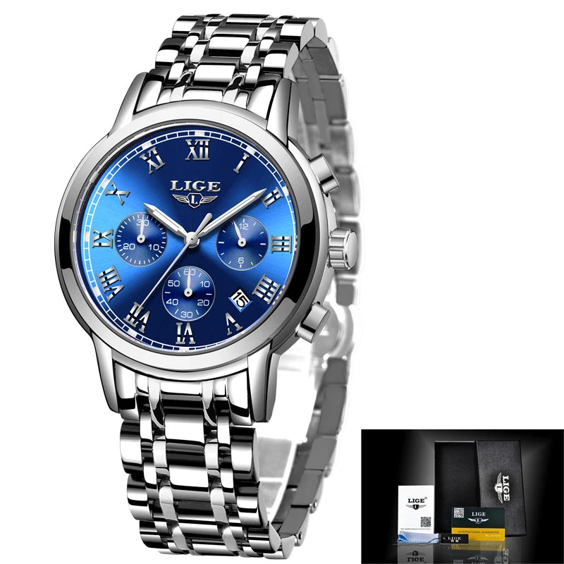LIGE Women's Watches Ladies Quartz Watch Waterproof Stainless Steel Strap Chronograph Watch for Women Fashion Watch Bracelet Set