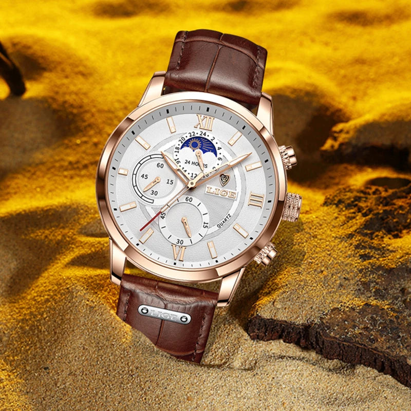 LIGE Watches UnisexTop Brand Luxury Clock Casual Leathe 24Hour Moon Phase Watch Sports Waterproof Quartz Chronograph+Box