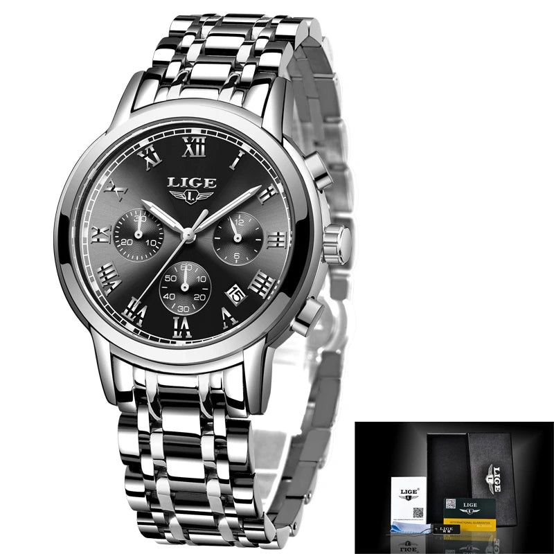 LIGE Women's Watches Ladies Quartz Watch Waterproof Stainless Steel Strap Chronograph Watch for Women Fashion Watch Bracelet Set
