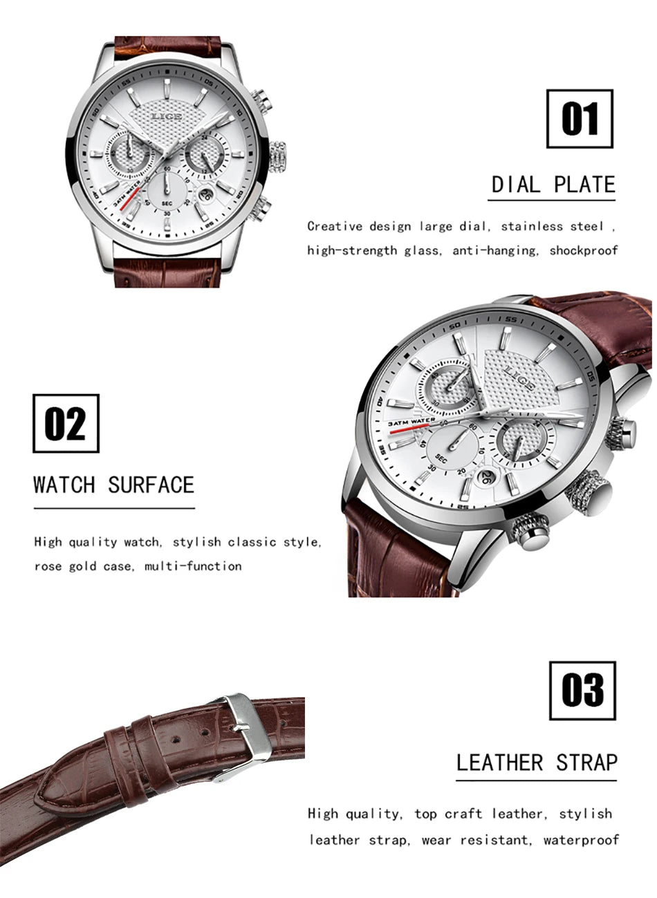 LIGE Watch Men Fashion Sports Quartz Clocks Mens Watches Top Brand Leather Military Waterproof Date Watch Relogio Masculino