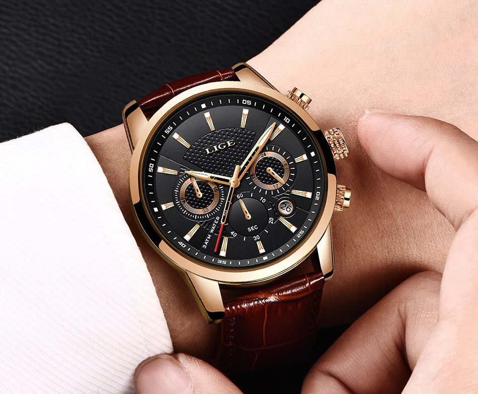 LIGE Watch Men Fashion Sports Quartz Clocks Mens Watches Top Brand Leather Military Waterproof Date Watch Relogio Masculino