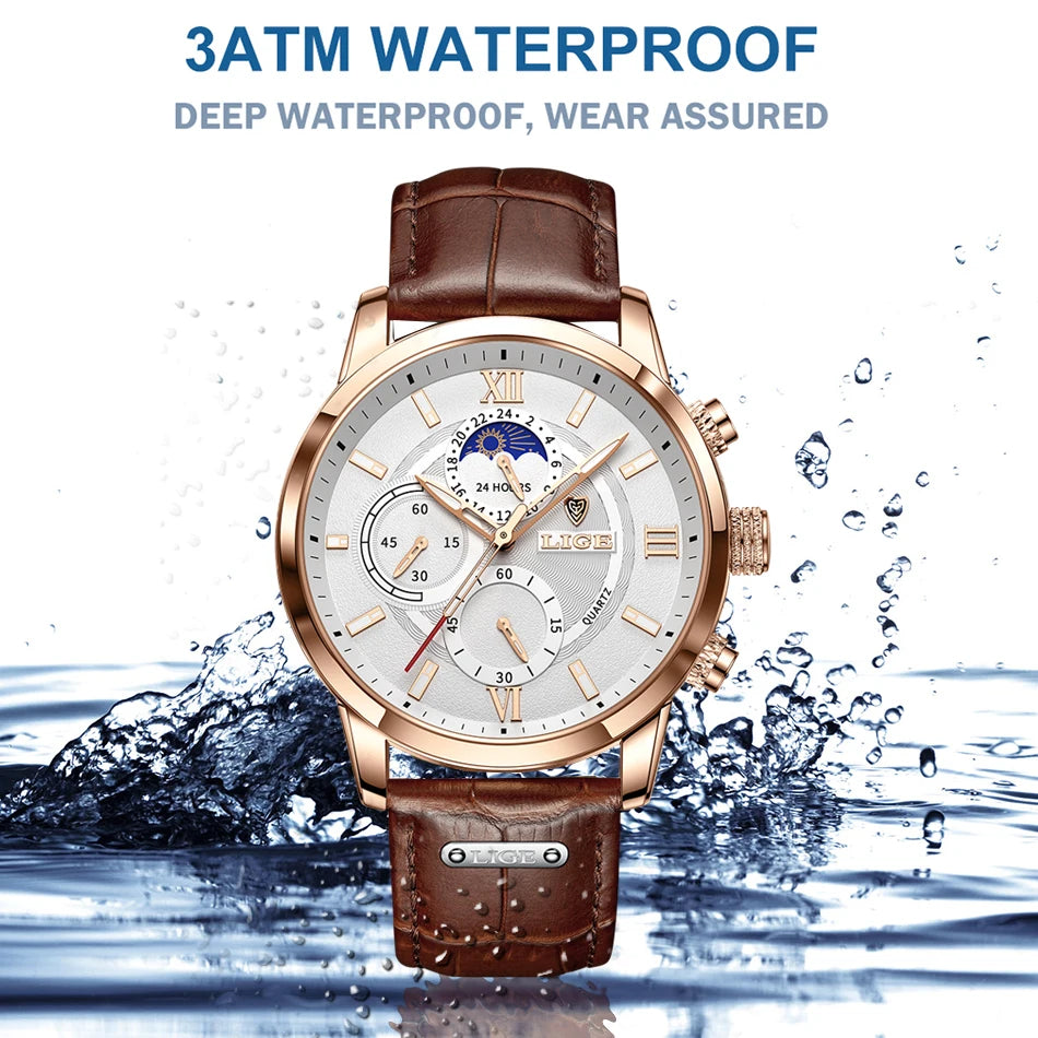 LIGE Watches UnisexTop Brand Luxury Clock Casual Leathe 24Hour Moon Phase Watch Sports Waterproof Quartz Chronograph+Box