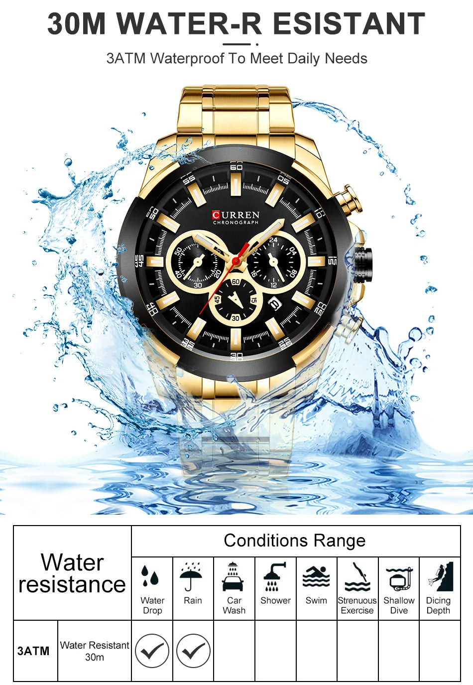 CURREN Men’s Watches Top Brand Big Sport Watch Luxury Men Military Steel Quartz Wrist Watches Chronograph Gold Design Male Clock