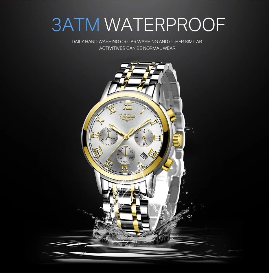LIGE Women's Watches Ladies Quartz Watch Waterproof Stainless Steel Strap Chronograph Watch for Women Fashion Watch Bracelet Set