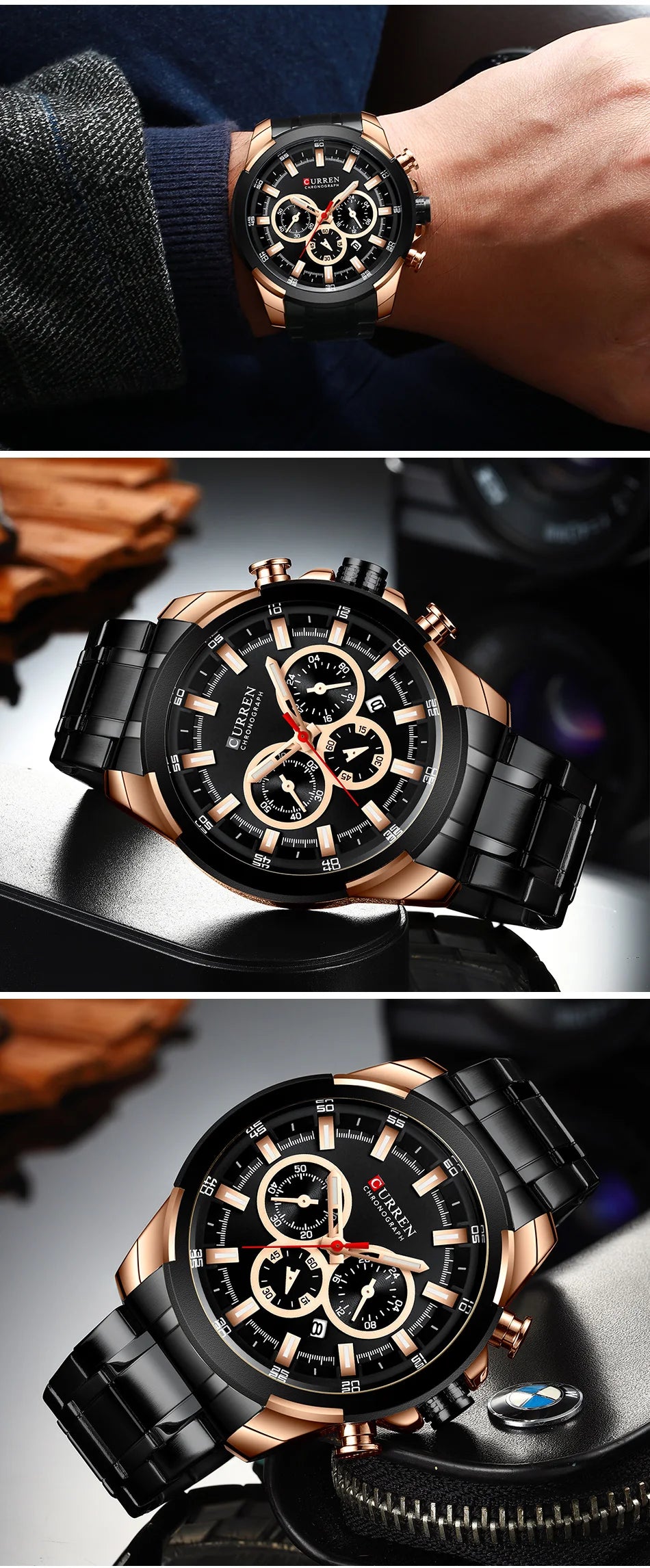 CURREN Men’s Watches Top Brand Big Sport Watch Luxury Men Military Steel Quartz Wrist Watches Chronograph Gold Design Male Clock