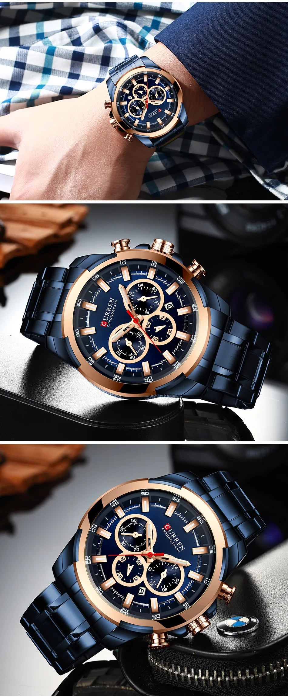CURREN Men’s Watches Top Brand Big Sport Watch Luxury Men Military Steel Quartz Wrist Watches Chronograph Gold Design Male Clock