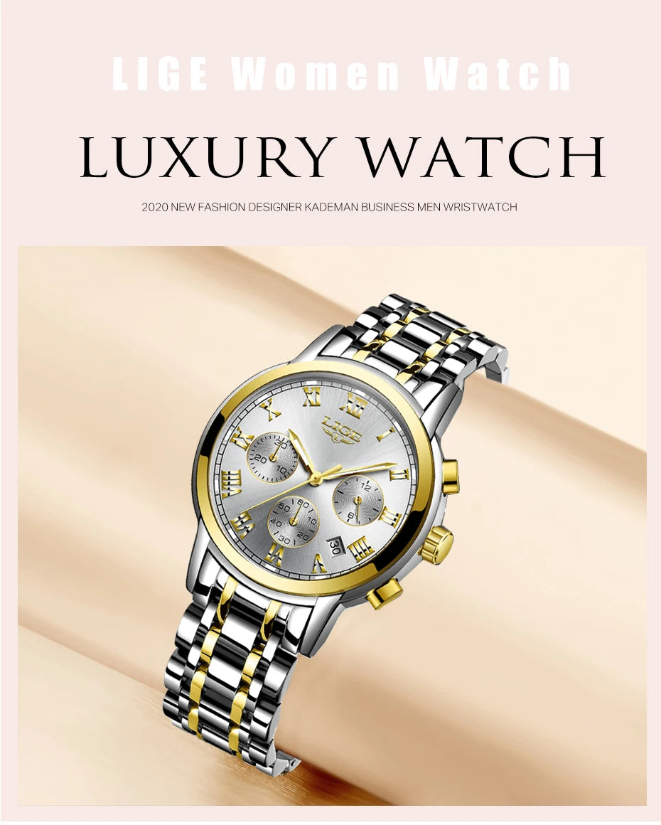 LIGE Women's Watches Ladies Quartz Watch Waterproof Stainless Steel Strap Chronograph Watch for Women Fashion Watch Bracelet Set