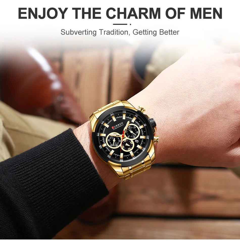 CURREN Men’s Watches Top Brand Big Sport Watch Luxury Men Military Steel Quartz Wrist Watches Chronograph Gold Design Male Clock