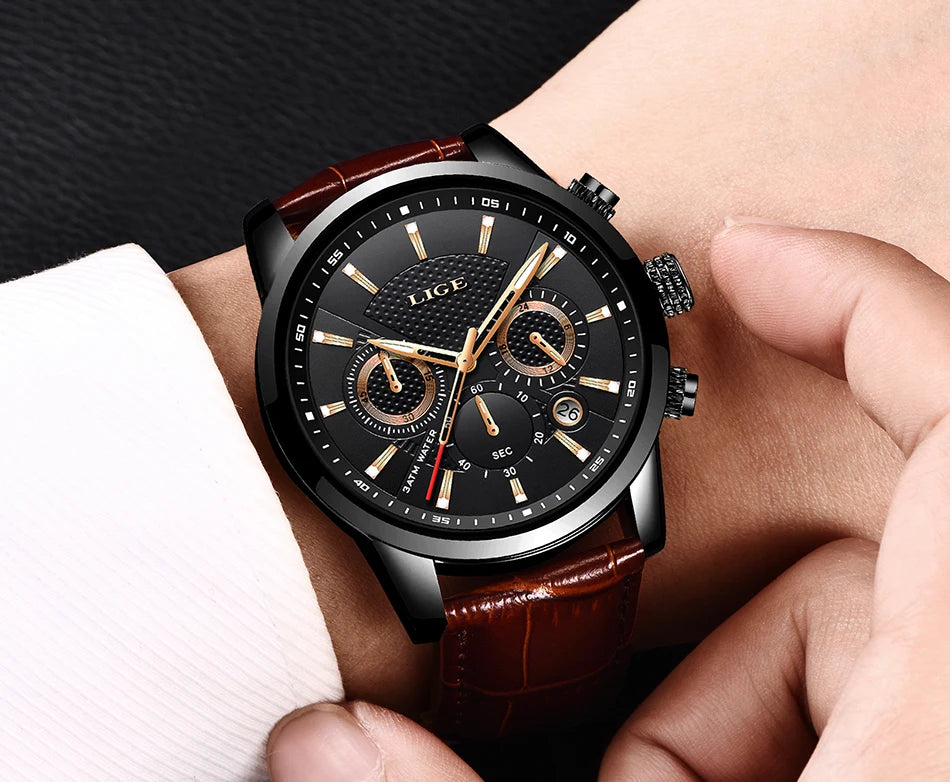 LIGE Watch Men Fashion Sports Quartz Clocks Mens Watches Top Brand Leather Military Waterproof Date Watch Relogio Masculino
