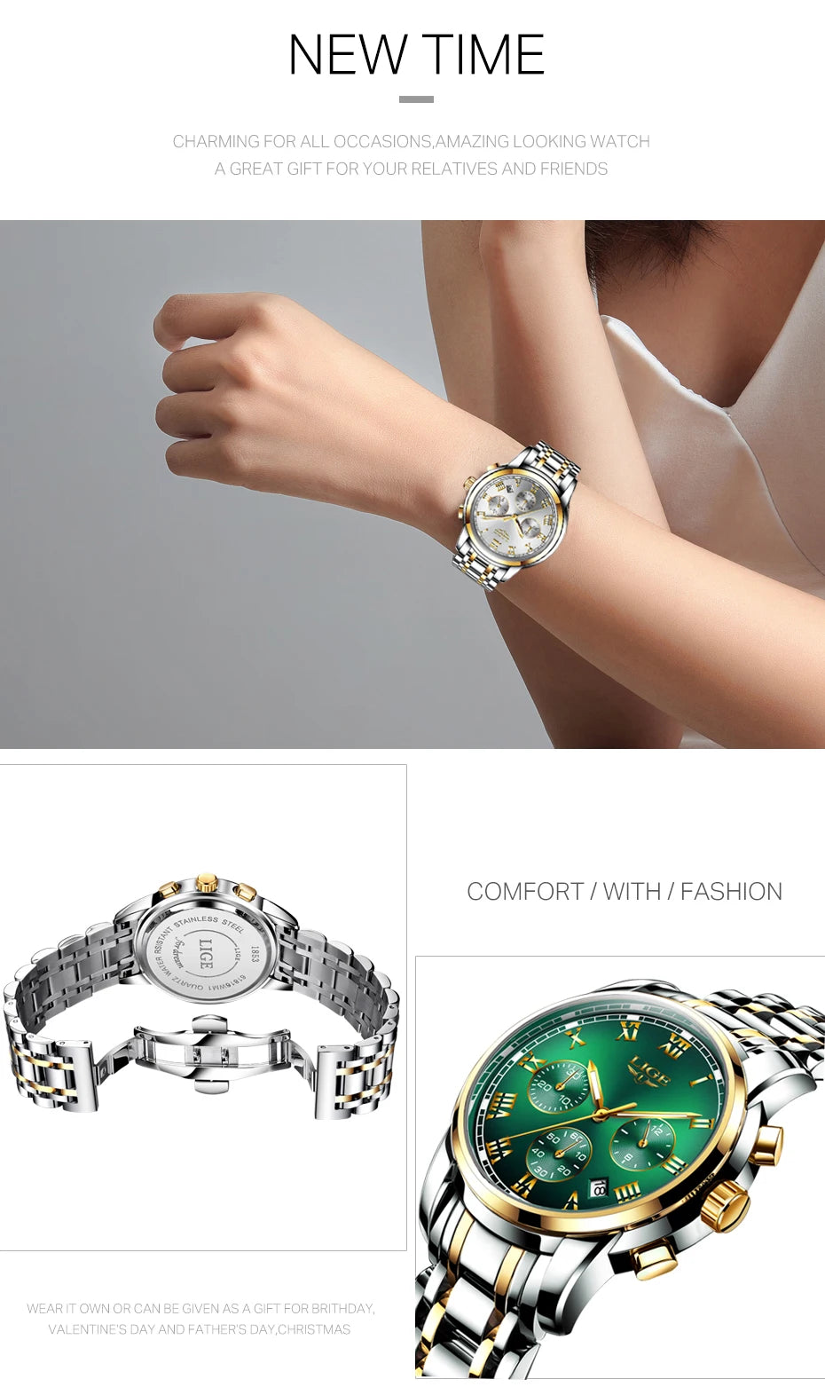 LIGE Women's Watches Ladies Quartz Watch Waterproof Stainless Steel Strap Chronograph Watch for Women Fashion Watch Bracelet Set