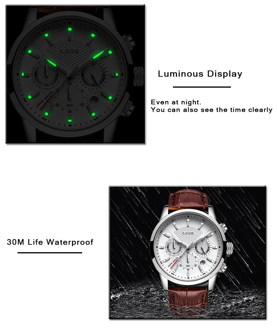 LIGE Mens Business Watches Luxury Waterproof Sport Man Watch Chronograph Genuine Leather Men Quartz Wristwatch Relogio Masculino