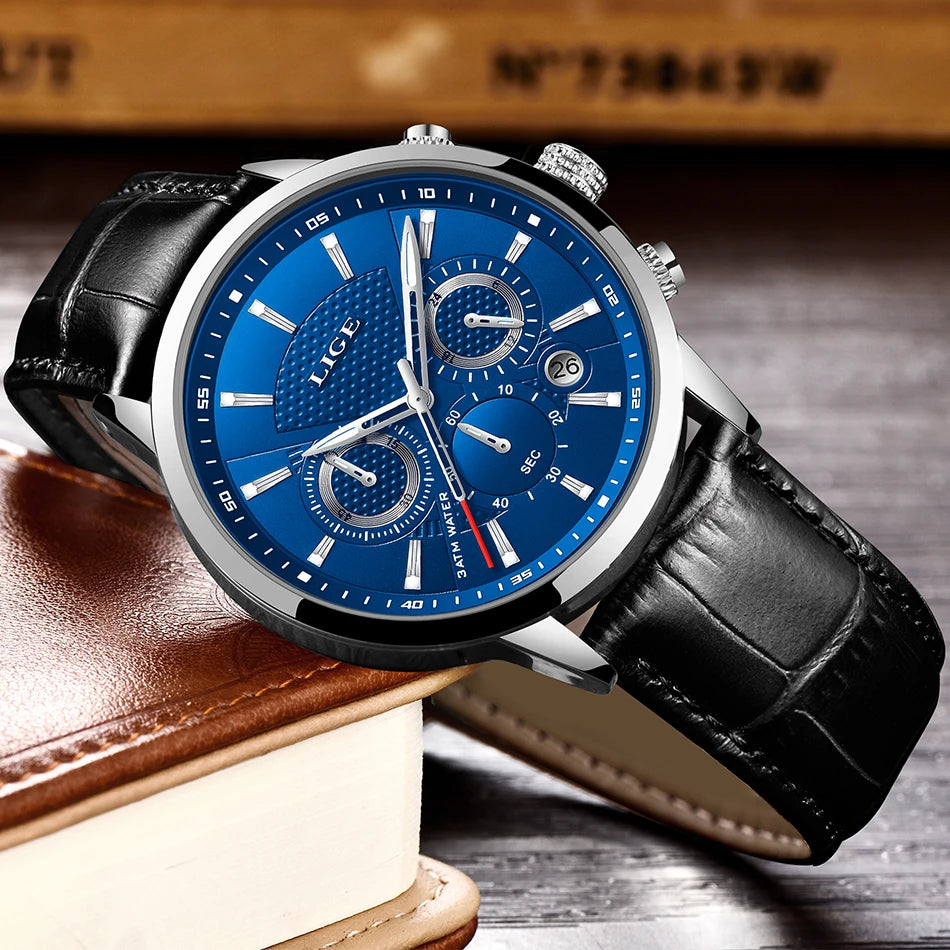 LIGE Mens Business Watches Luxury Waterproof Sport Man Watch Chronograph Genuine Leather Men Quartz Wristwatch Relogio Masculino