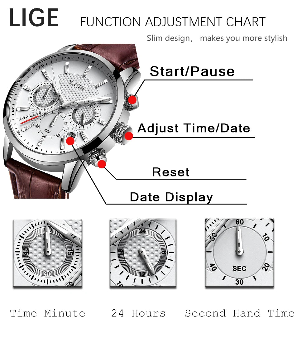 LIGE Mens Business Watches Luxury Waterproof Sport Man Watch Chronograph Genuine Leather Men Quartz Wristwatch Relogio Masculino