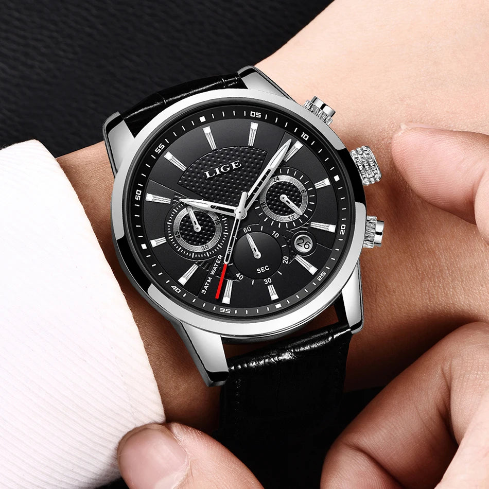 LIGE Mens Business Watches Luxury Waterproof Sport Man Watch Chronograph Genuine Leather Men Quartz Wristwatch Relogio Masculino