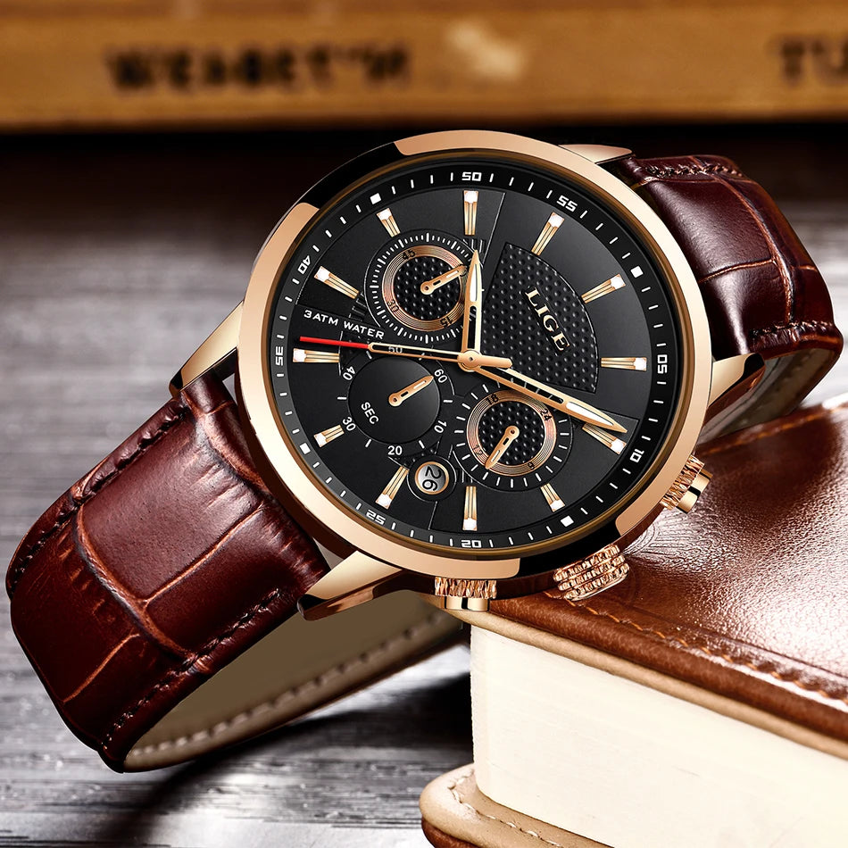 LIGE Mens Business Watches Luxury Waterproof Sport Man Watch Chronograph Genuine Leather Men Quartz Wristwatch Relogio Masculino