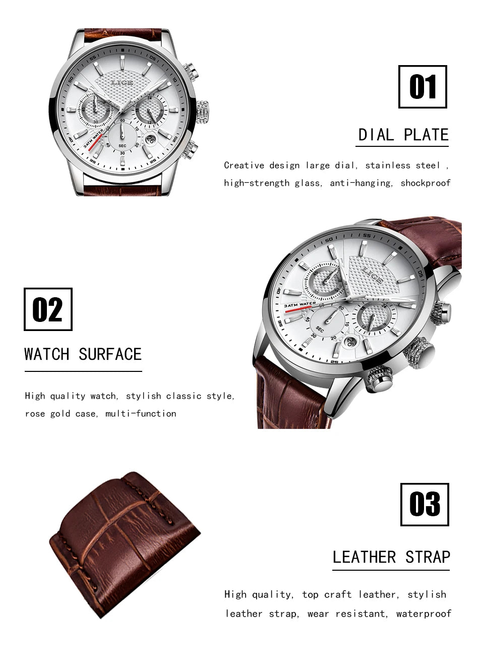 LIGE Mens Business Watches Luxury Waterproof Sport Man Watch Chronograph Genuine Leather Men Quartz Wristwatch Relogio Masculino