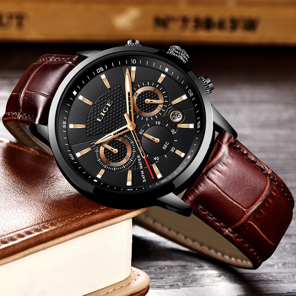 LIGE Mens Business Watches Luxury Waterproof Sport Man Watch Chronograph Genuine Leather Men Quartz Wristwatch Relogio Masculino