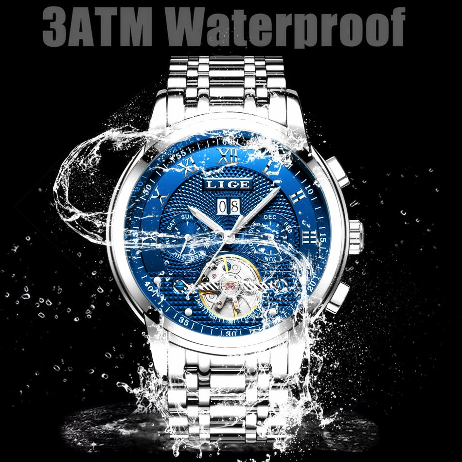 LIGE Mens Watches Fashion Top Brand Luxury Business Automatic Mechanical Watch Men Casual Waterproof Watch Relogio Masculino+Box