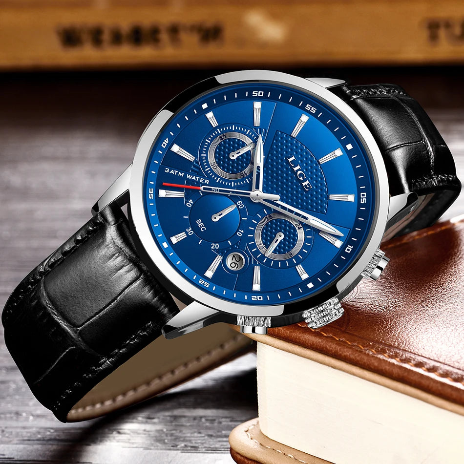 LIGE Mens Business Watches Luxury Waterproof Sport Man Watch Chronograph Genuine Leather Men Quartz Wristwatch Relogio Masculino