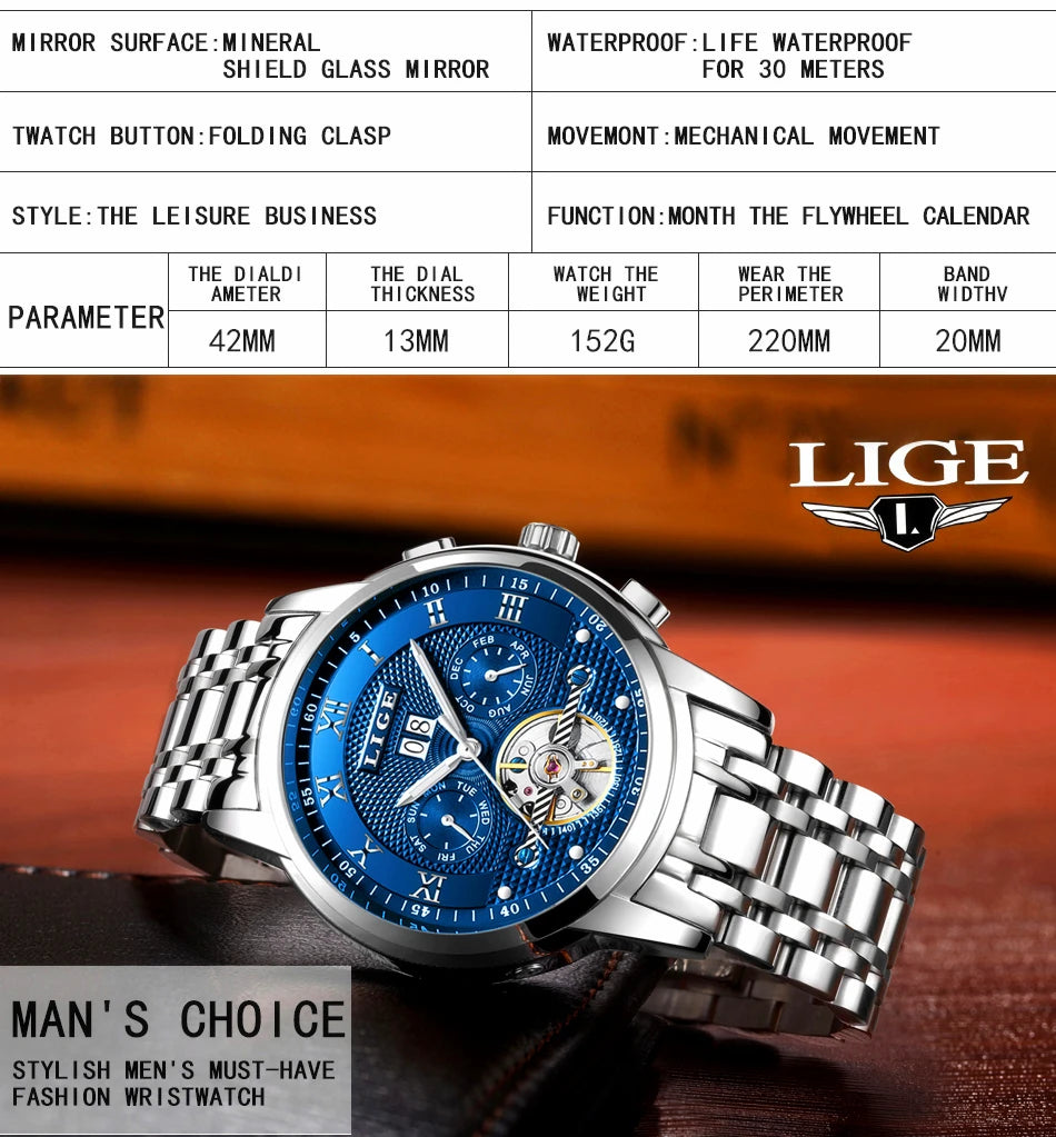 LIGE Mens Watches Fashion Top Brand Luxury Business Automatic Mechanical Watch Men Casual Waterproof Watch Relogio Masculino+Box
