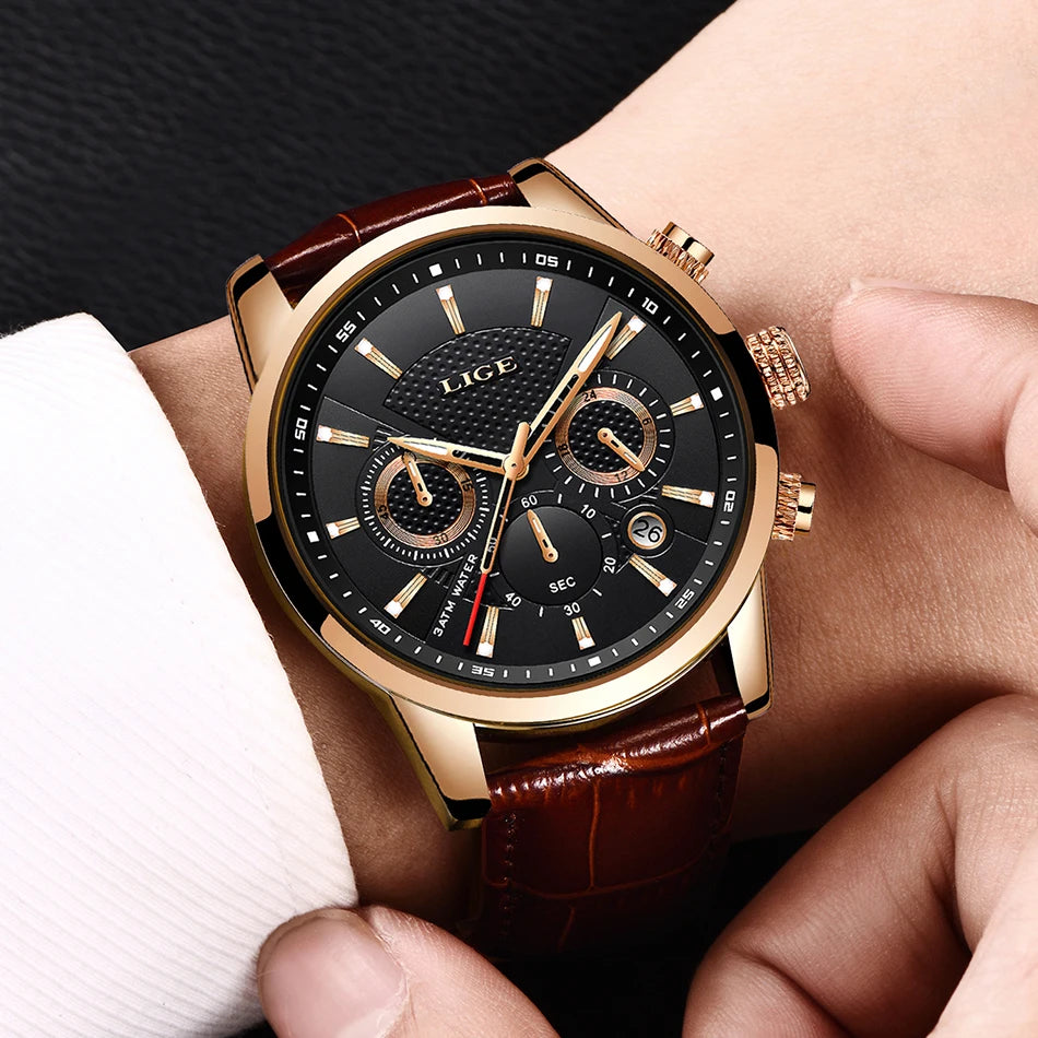LIGE Mens Business Watches Luxury Waterproof Sport Man Watch Chronograph Genuine Leather Men Quartz Wristwatch Relogio Masculino