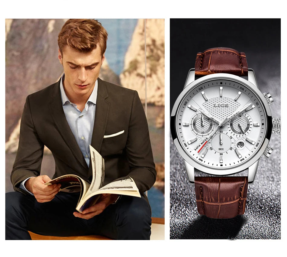 LIGE Mens Business Watches Luxury Waterproof Sport Man Watch Chronograph Genuine Leather Men Quartz Wristwatch Relogio Masculino