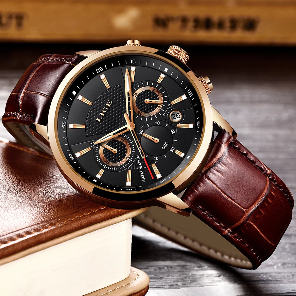 LIGE Mens Business Watches Luxury Waterproof Sport Man Watch Chronograph Genuine Leather Men Quartz Wristwatch Relogio Masculino
