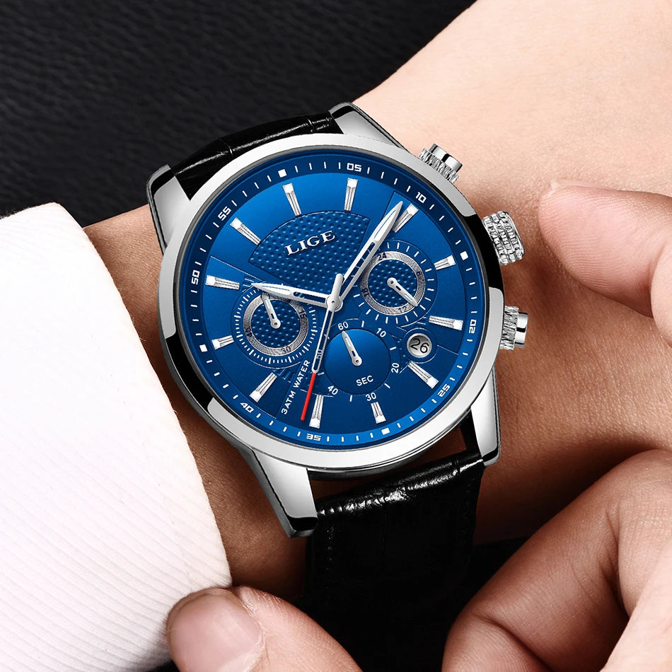 LIGE Mens Business Watches Luxury Waterproof Sport Man Watch Chronograph Genuine Leather Men Quartz Wristwatch Relogio Masculino