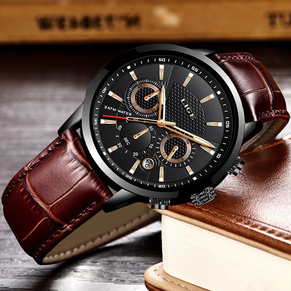 LIGE Mens Business Watches Luxury Waterproof Sport Man Watch Chronograph Genuine Leather Men Quartz Wristwatch Relogio Masculino
