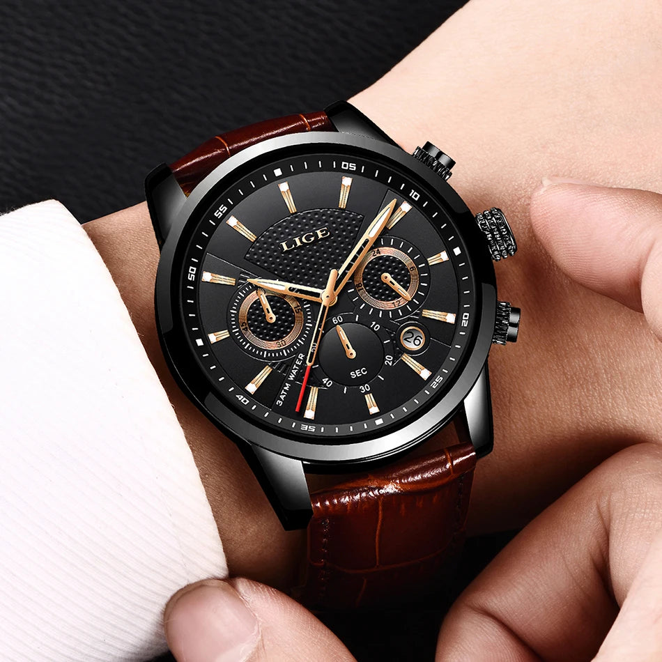 LIGE Mens Business Watches Luxury Waterproof Sport Man Watch Chronograph Genuine Leather Men Quartz Wristwatch Relogio Masculino