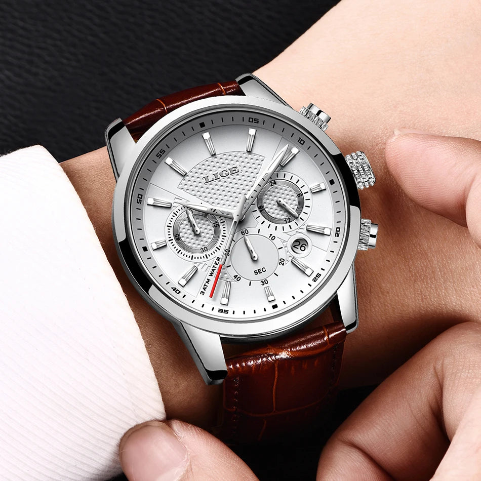 LIGE Mens Business Watches Luxury Waterproof Sport Man Watch Chronograph Genuine Leather Men Quartz Wristwatch Relogio Masculino