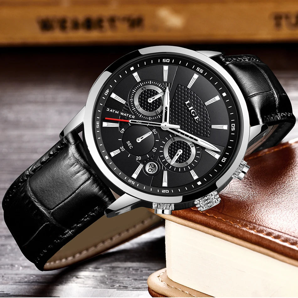 LIGE Mens Business Watches Luxury Waterproof Sport Man Watch Chronograph Genuine Leather Men Quartz Wristwatch Relogio Masculino