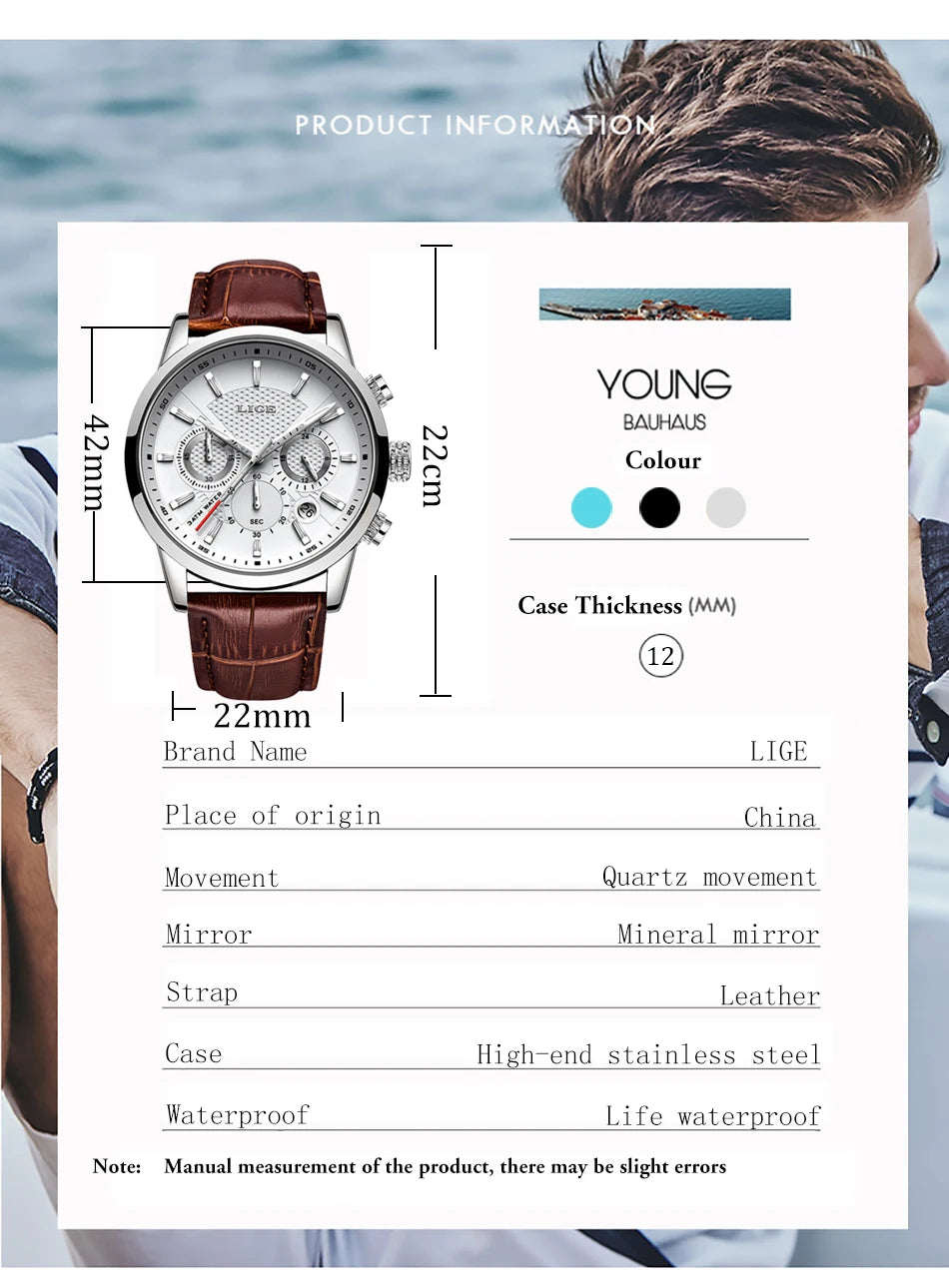 LIGE Mens Business Watches Luxury Waterproof Sport Man Watch Chronograph Genuine Leather Men Quartz Wristwatch Relogio Masculino