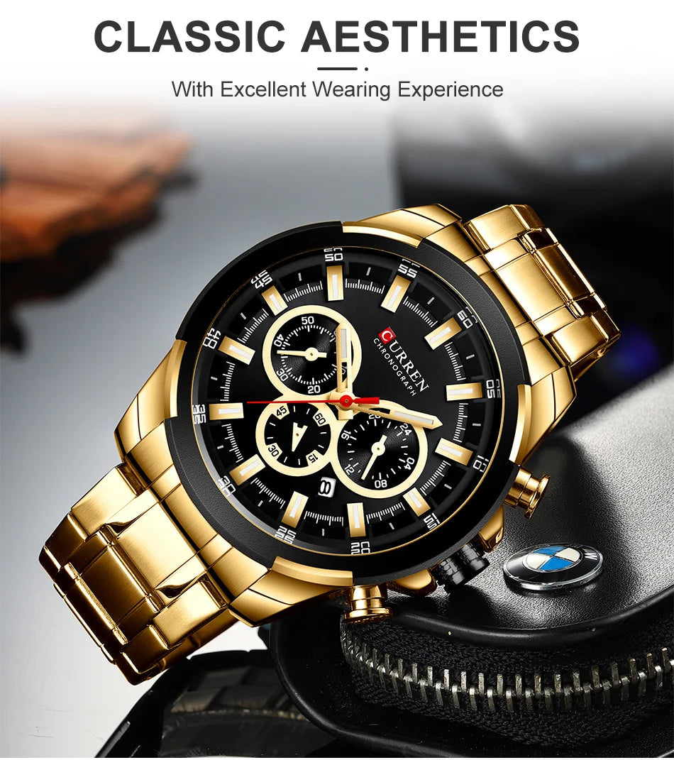 CURREN Men’s Watches Top Brand Big Sport Watch Luxury Men Military Steel Quartz Wrist Watches Chronograph Gold Design Male Clock