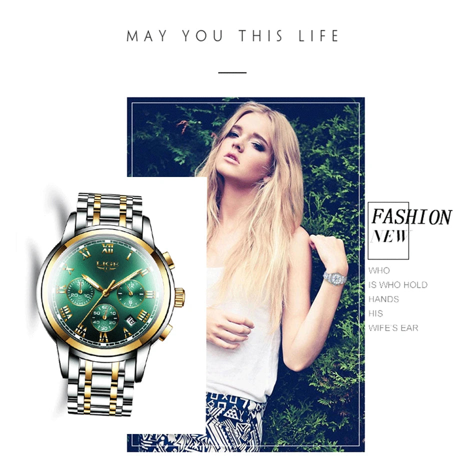 LIGE Women's Watches Ladies Quartz Watch Waterproof Stainless Steel Strap Chronograph Watch for Women Fashion Watch Bracelet Set