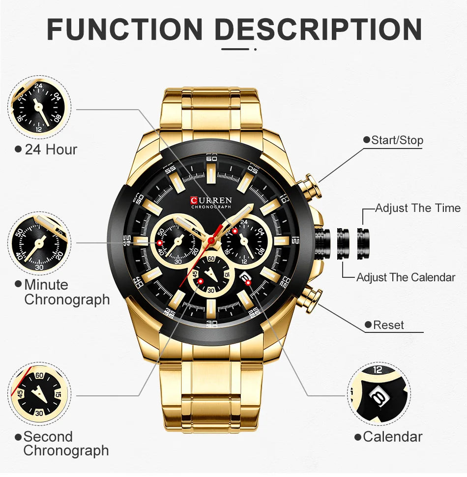 CURREN Men’s Watches Top Brand Big Sport Watch Luxury Men Military Steel Quartz Wrist Watches Chronograph Gold Design Male Clock