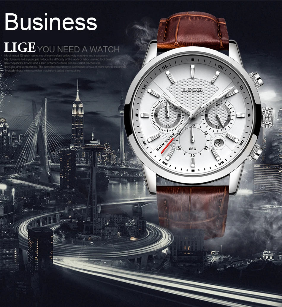 LIGE Mens Business Watches Luxury Waterproof Sport Man Watch Chronograph Genuine Leather Men Quartz Wristwatch Relogio Masculino