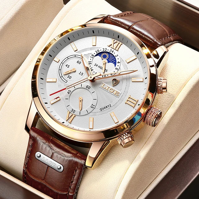 LIGE Watches UnisexTop Brand Luxury Clock Casual Leathe 24Hour Moon Phase Watch Sports Waterproof Quartz Chronograph+Box