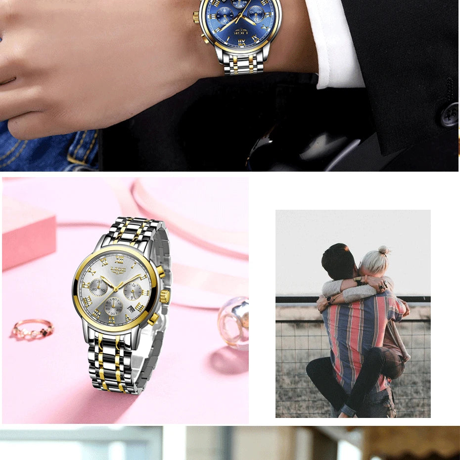 LIGE Women's Watches Ladies Quartz Watch Waterproof Stainless Steel Strap Chronograph Watch for Women Fashion Watch Bracelet Set